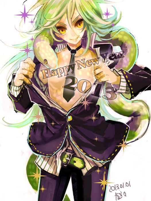 10s, 1boy, 2013, bad_id, bad_pixiv_id, belt, dated, evra_von, green_hair, hys122211, long_hair, necktie, new_year, open_clothes, open_shirt, scales, shirt, smile, snake, the_saga_of_darren_shan, yellow_eyes