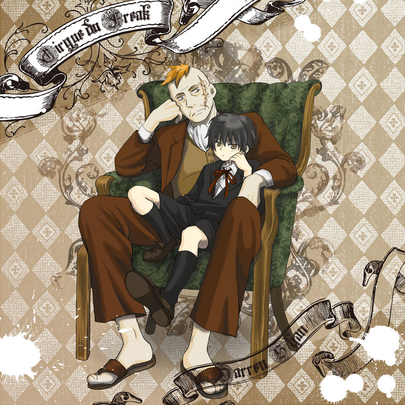 2boys, argyle_background, argyle_clothes, arm_support, black_hair, brown_eyes, cape, copyright_name