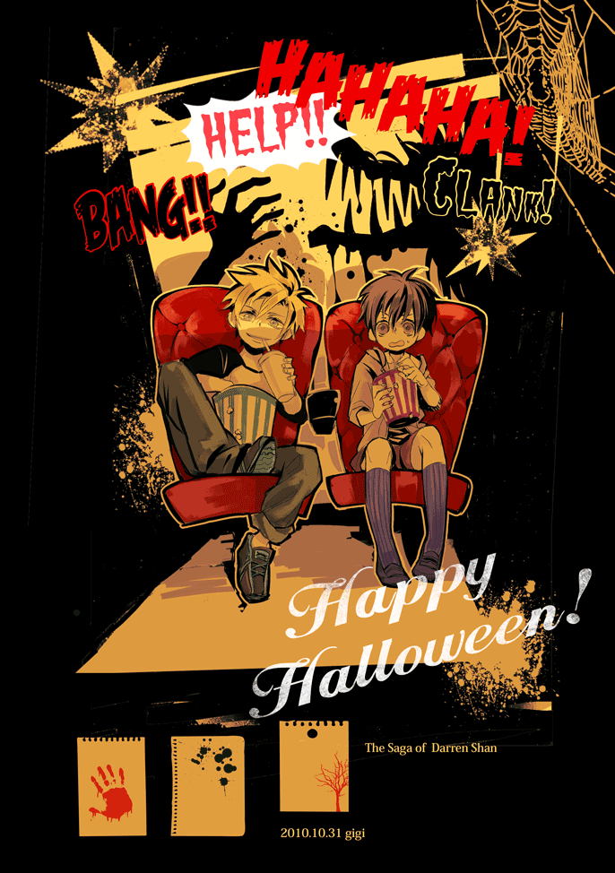 2boys, black_hair, blonde_hair, blood, blue_eyes, brown_eyes, couch, darren_shan