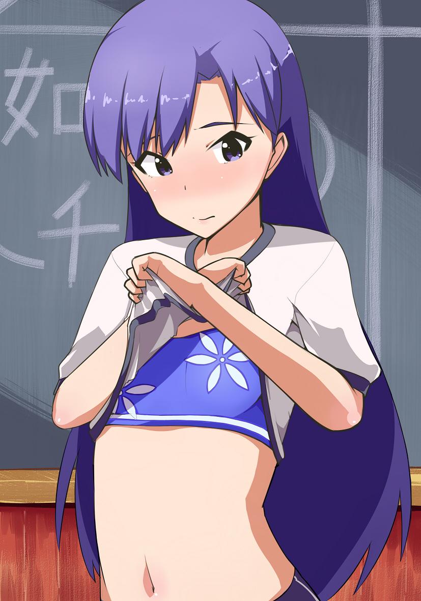 1girl, bikini, bikini_under_clothes, blush, bra, clothes_lift, female_focus, flat_chest, idolmaster, idolmaster_(classic), kisaragi_chihaya, long_hair, navel, purple_bikini, purple_eyes, purple_hair, shirt_lift, solo, swimsuit, swimsuit_under_clothes, underwear, xo160
