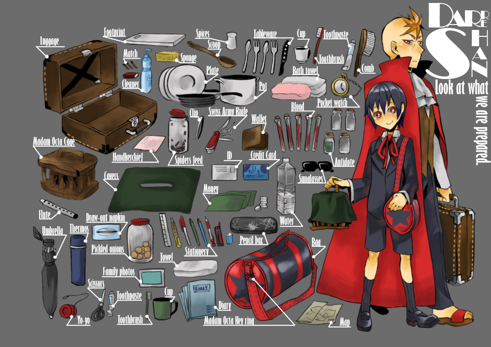 2boys, bag, black_hair, bottle, brown_eyes, bug, cage, cape