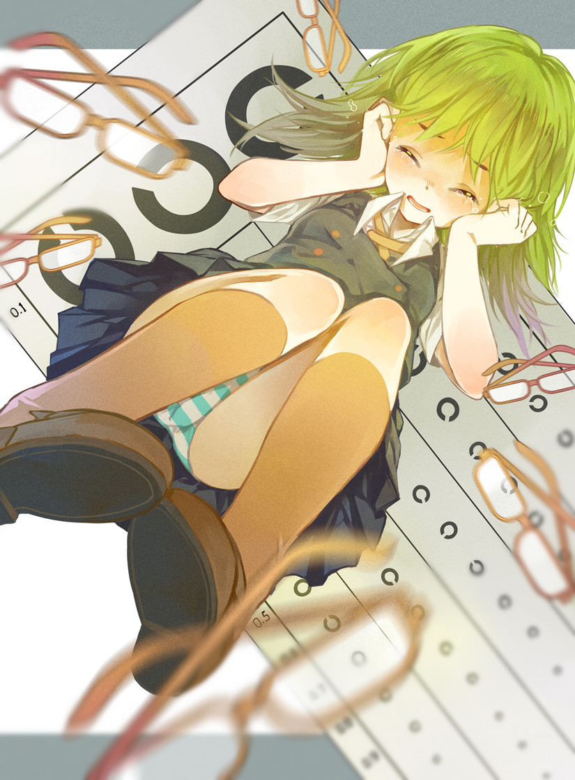 1girl, bad_id, bad_pixiv_id, blurry, crying, depth_of_field, eye_chart, female_focus, glasses, green_hair, gumi, hands_on_own_face, koyuiko, landolt_c, open_mouth, panties, pantyshot, pleated_skirt, school_uniform, shiryoku_kensa_(vocaloid), skirt, solo, striped_clothes, striped_panties, underwear, upskirt, vision_test, vocaloid