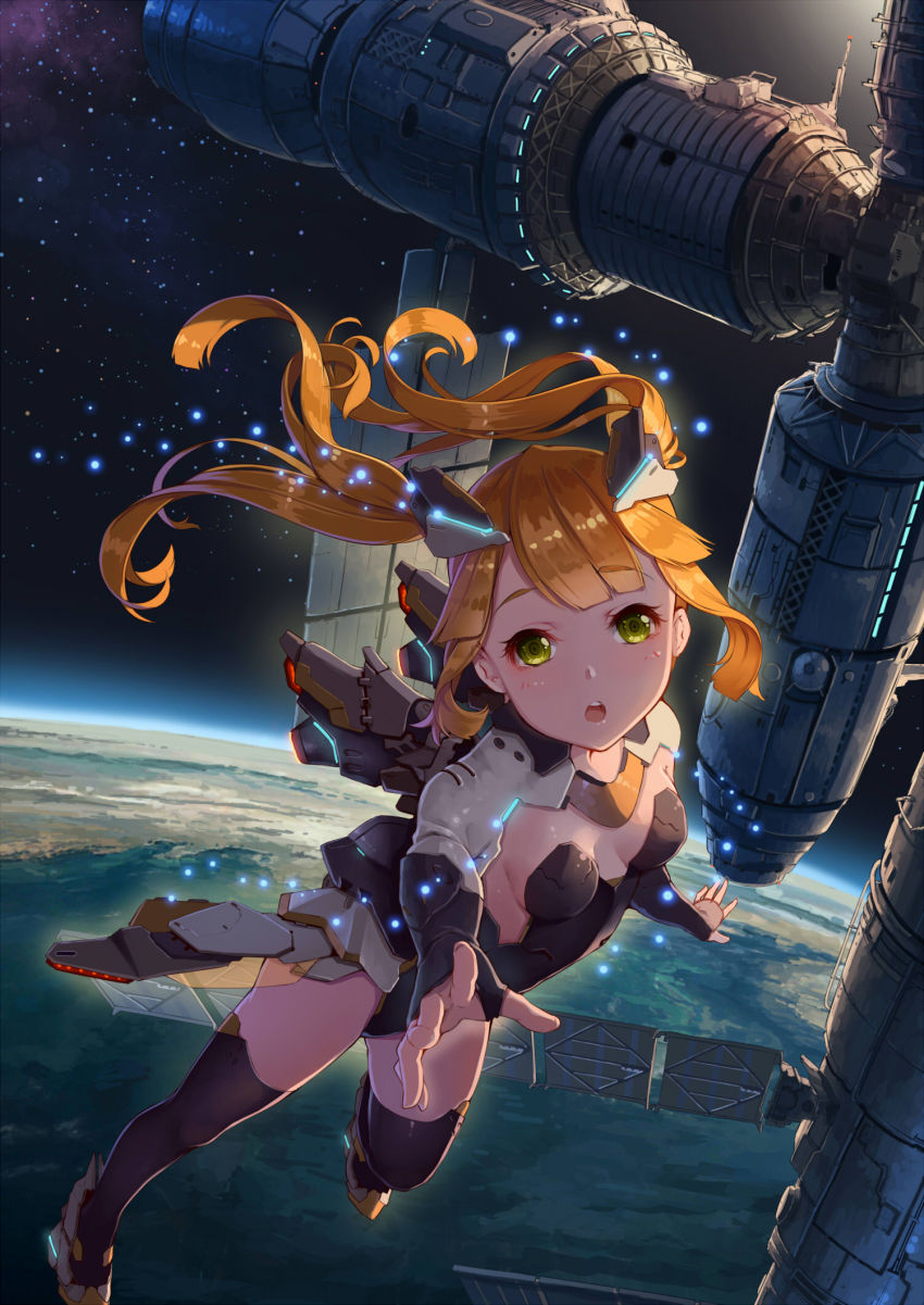 1girl, armor, armored_boots, armored_twintails, blonde_hair, boots, cloud, earth_(planet), female_focus, floating, highres, hokou_sakuran, landscape, light_particles, long_hair, looking_at_viewer, mecha_musume, neon_trim, open_mouth, original, planet, reaching, reaching_towards_viewer, satellite, science_fiction, shiny_clothes, sky, solo, space, space_station, spacecraft, star_(sky), star_(symbol), starry_sky, thighhighs, thrusters, twintails, water, yellow_eyes