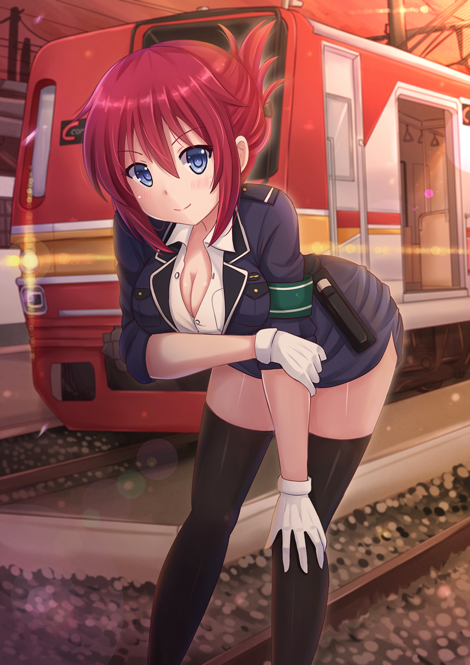 10s, 1girl, armband, black_thighhighs, blue_eyes, blush, breasts, cleavage, female_focus, folded_ponytail, gloves, hair_up, hand_on_own_knee, highres, kazenokaze, kereta_api_indonesia, large_breasts, leaning_forward, looking_at_viewer, miniskirt, multiple_unit_train, rail_wars!, red_hair, sakurai_aoi, skirt, smile, solo, thighhighs, train, uniform, white_gloves