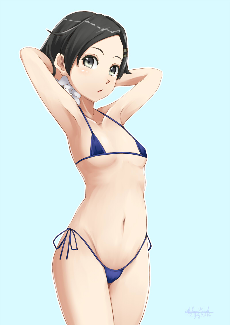 10s, 1girl, bikini, black_hair, blue_background, blue_bikini, breasts, female_focus, gloves, groin, hair_ornament, hairclip, kantai_collection, kirisaki_akihito, kuroshio_(kancolle), micro_bikini, short_hair, small_breasts, solo, swimsuit