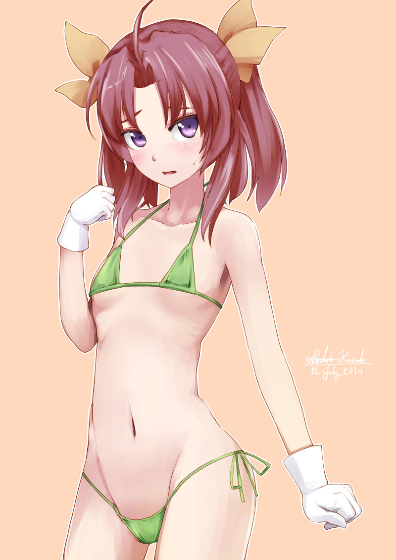 10s, 1girl, ahoge, alternate_costume, bikini, brown_hair, female_focus, gloves