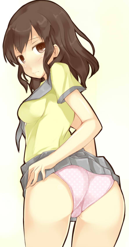 10s, 1girl, ascot, ass, blush, brown_eyes, brown_hair, clothes_lift, female_focus, from_behind, kuro_(be_ok), lass_(pokemon), lass_(pokemon_bw), long_hair, looking_at_viewer, nintendo, npc_trainer, panties, pink_panties, pleated_skirt, pokemon, pokemon_black_and_white, polka_dot, polka_dot_panties, school_uniform, simple_background, skirt, skirt_lift, solo, underwear, upskirt