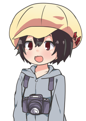 1girl, :3, artist_request, black_hair, brown_eyes, newsboy_cap, camera, denki-gai_no_hon'ya-san