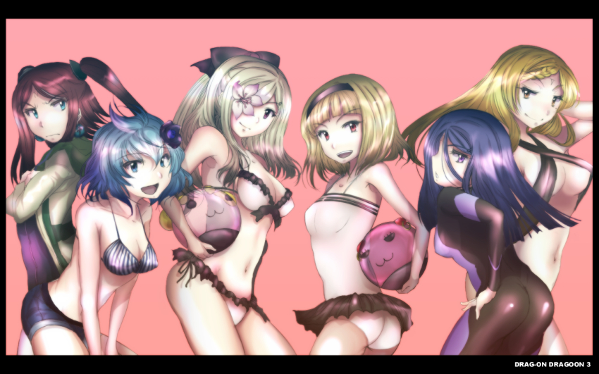 6+girls, annoyed, aqua_eyes, ass, ball, bare_shoulders, bikini, bikini_top_only