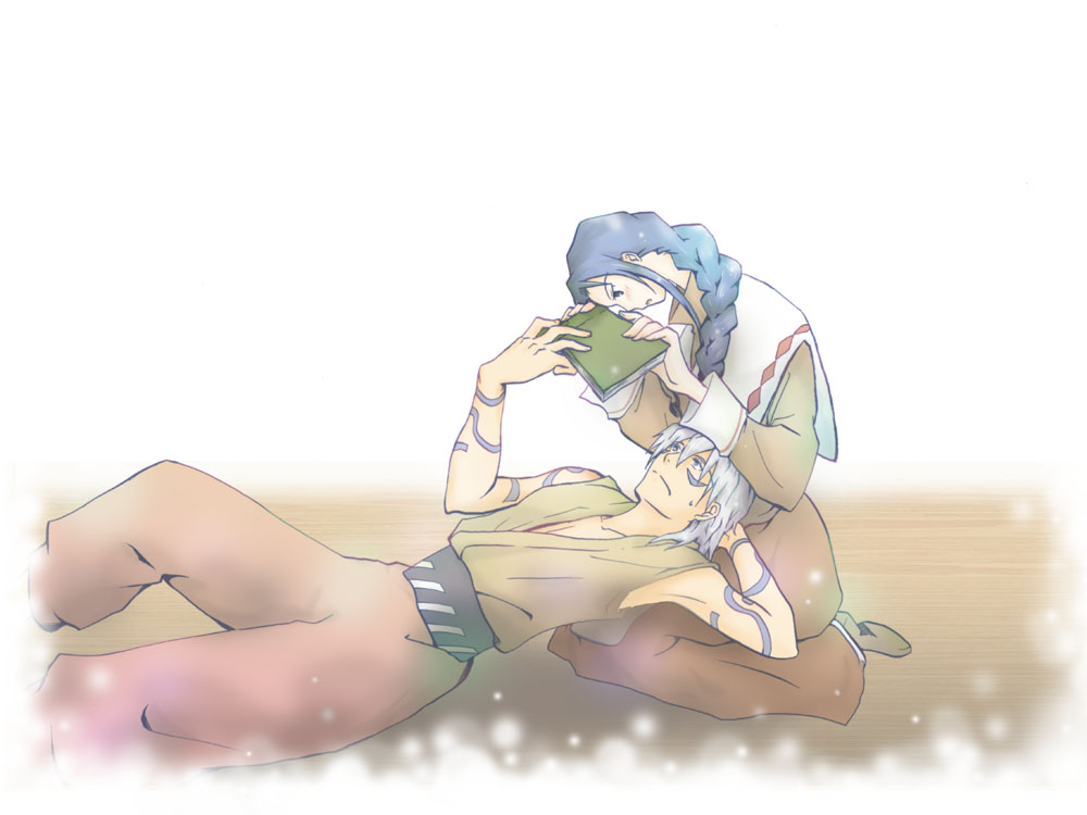 1boy, 1girl, bare_shoulders, belt, black_eyes, blue_eyes, blue_hair, blush