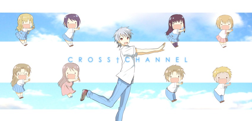 3boys, 6+girls, bad_id, bad_pixiv_id, copyright_name, creator_connection, cross_channel, fairy_(jintai), hasekura_youko, highres, jinrui_wa_suitai_shimashita, kirihara_touko, kurosu_taichi, miyasumi_misato, multiple_boys, multiple_girls, nanaka_(cross_channel), parody, sakura_kiri, sakuraba_hiroshi, school_uniform, shima_tomoki, style_parody, yamanobe_miki