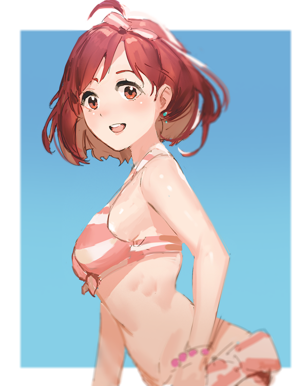 1girl, ahoge, bare_shoulders, bikini, blush, brown_eyes, earrings, ekao