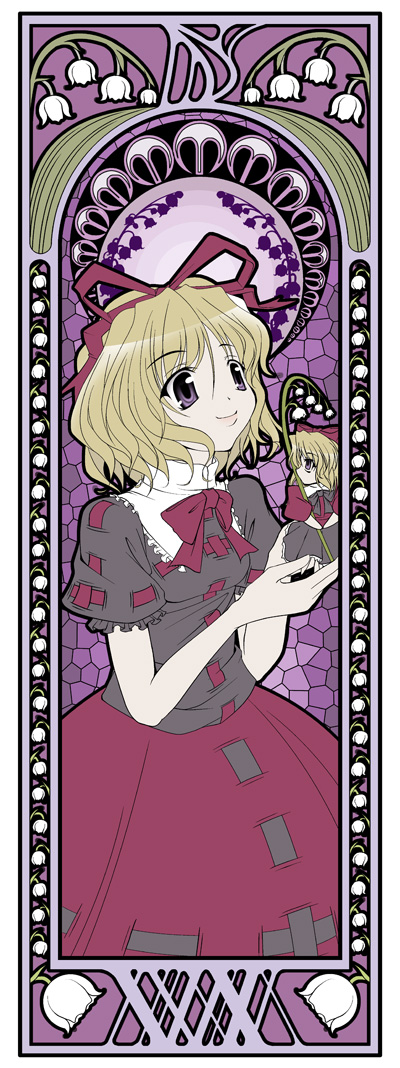 1girl, art_nouveau, black_shirt, blonde_hair, bow, bowtie, collar, doll