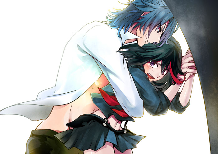 10s, 1boy, 1girl, black_hair, blue_hair, height_difference, hetero, hug, hug_from_behind, kill_la_kill, matoi_ryuuko, mikisugi_aikurou, nopo_(patter), open_clothes, open_shirt, shirt, short_hair, skirt