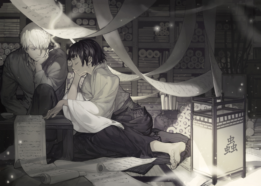 1boy, 1girl, black_hair, cigarette, collared_shirt, frown, ginko_(mushishi), hair_over_one_eye