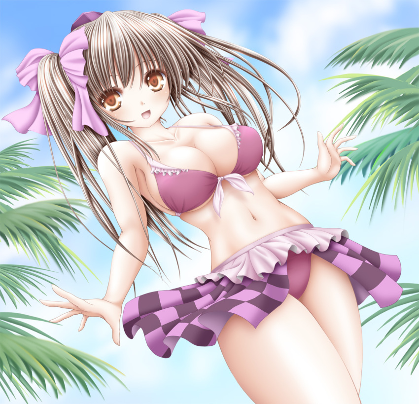 1girl, akino_irori, bikini, bikini_skirt, blue_sky, breasts, brown_eyes, brown_hair
