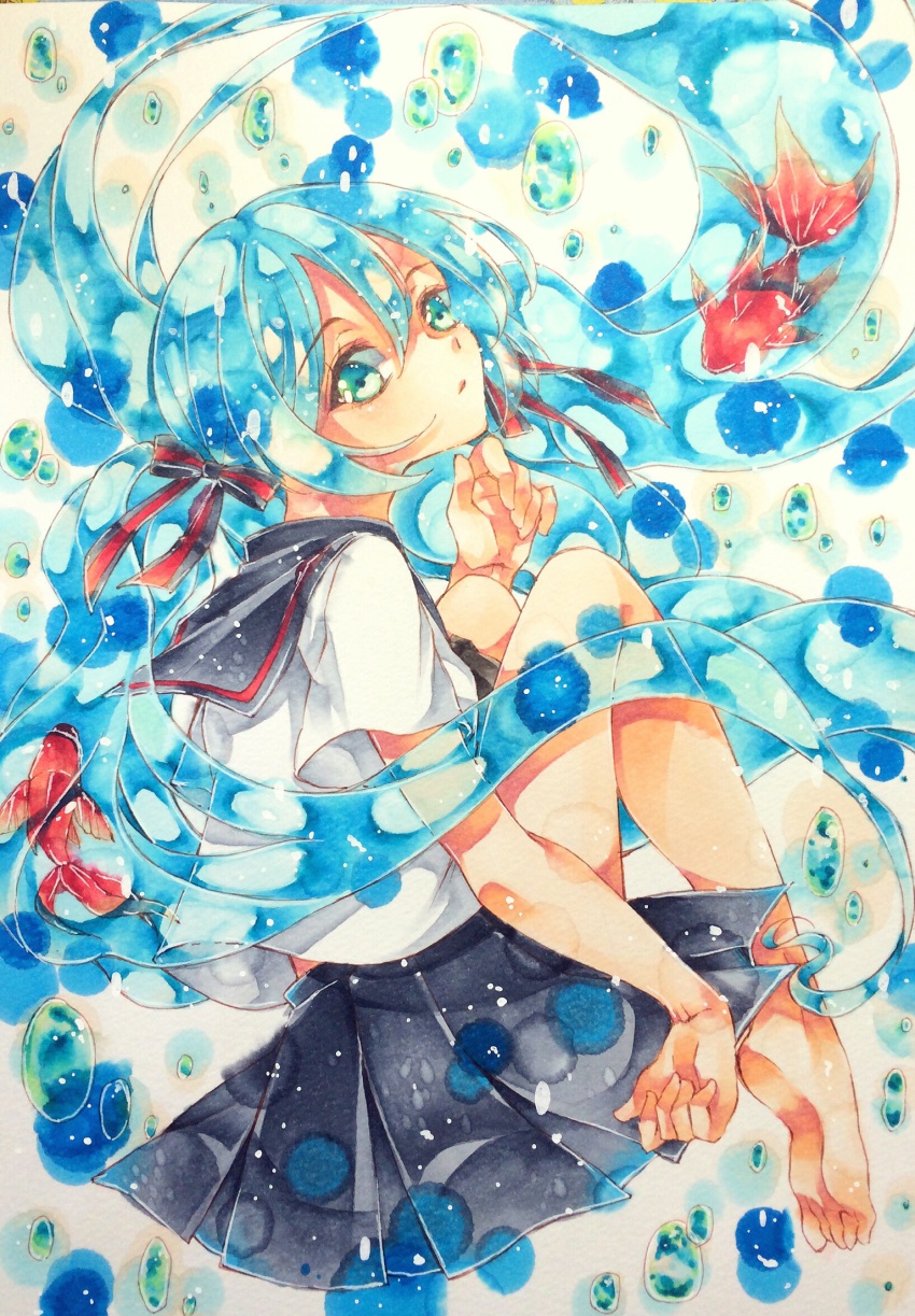 1girl, bad_id, bad_pixiv_id, barefoot, blue_hair, bottle_miku, feet, female_focus