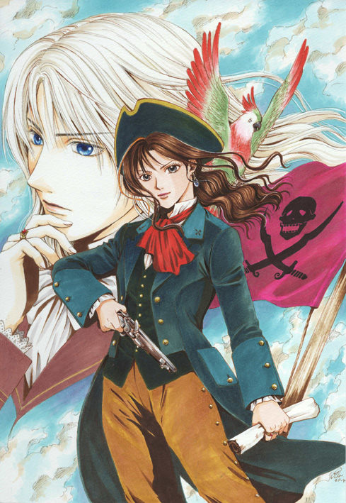 1boy, 1girl, antique_firearm, ascot, bird, blonde_hair, blue_eyes, brown_eyes, brown_hair, buttons, coat, contrapposto, cowboy_shot, dual_wielding, earrings, gun, flag, handgun, hat, holding, jewelry, long_sleeves, looking_at_viewer, parrot, pirate_costume, pirate_hat, piratica, pistol, rifle, silver_hair, standing, watase_yuu, weapon