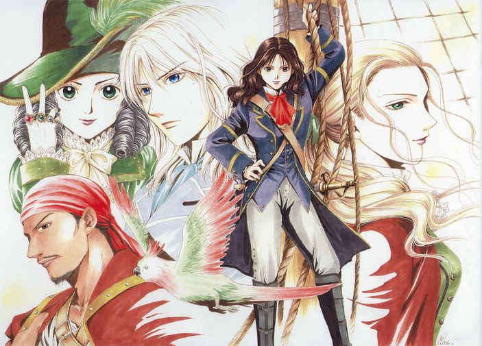 2boys, 3girls, ascot, bandana, beard, bird, blonde_hair, blue_eyes