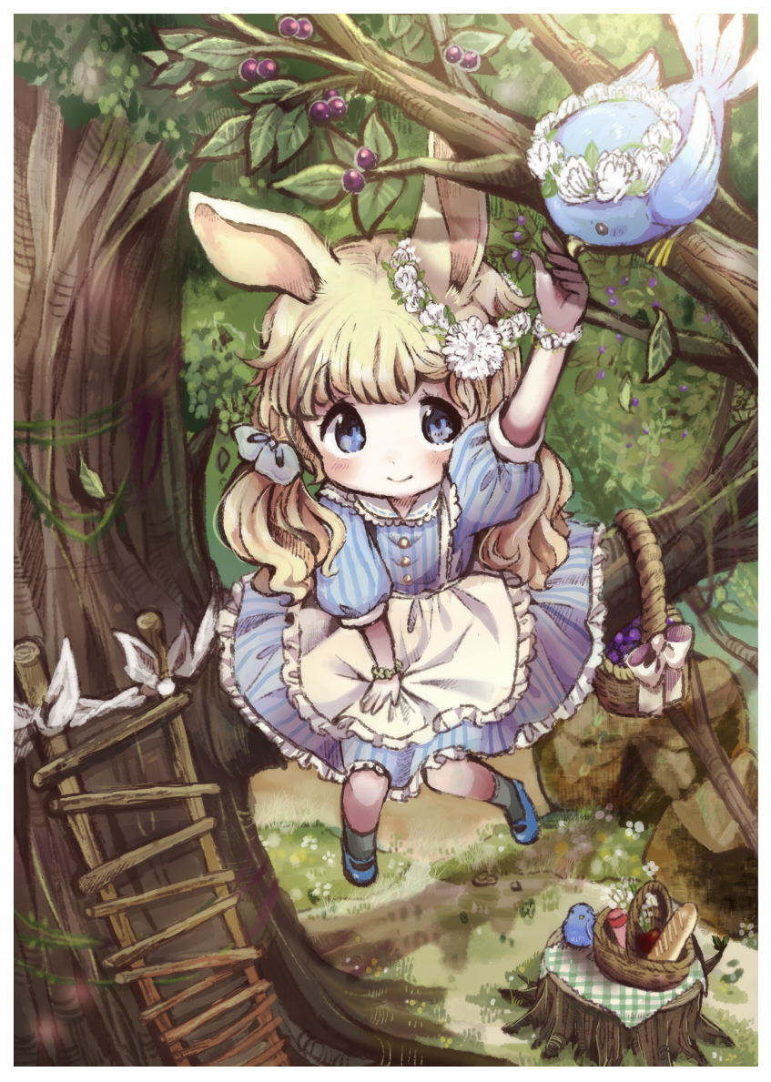 1girl, animal_ears, apron, basket, berry, bird, blonde_hair, blue_eyes