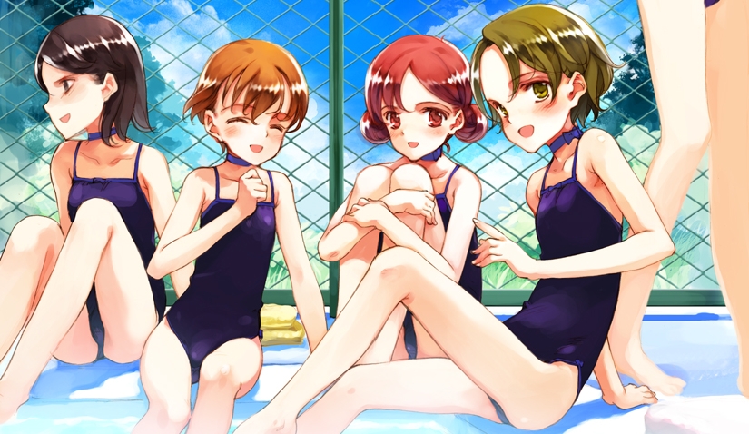 4girls, :d, black_eyes, black_hair, black_one-piece_swimsuit, blush, brown_hair, chain-link_fence, choker, day, closed_eyes, female_focus, fence, flat_chest, green_eyes, green_hair, hugging_own_legs, legs, littlewitch, long_hair, long_legs, multiple_girls, neck_ribbon, one-piece_swimsuit, onodera_asahi, ooyari_ashito, open_mouth, outdoors, period, pool, poolside, red_eyes, red_hair, ribbon, sawatari_aoi, school_swimsuit, short_hair, sitting, skinny, smile, swimsuit, thighs, yazuki_miyu