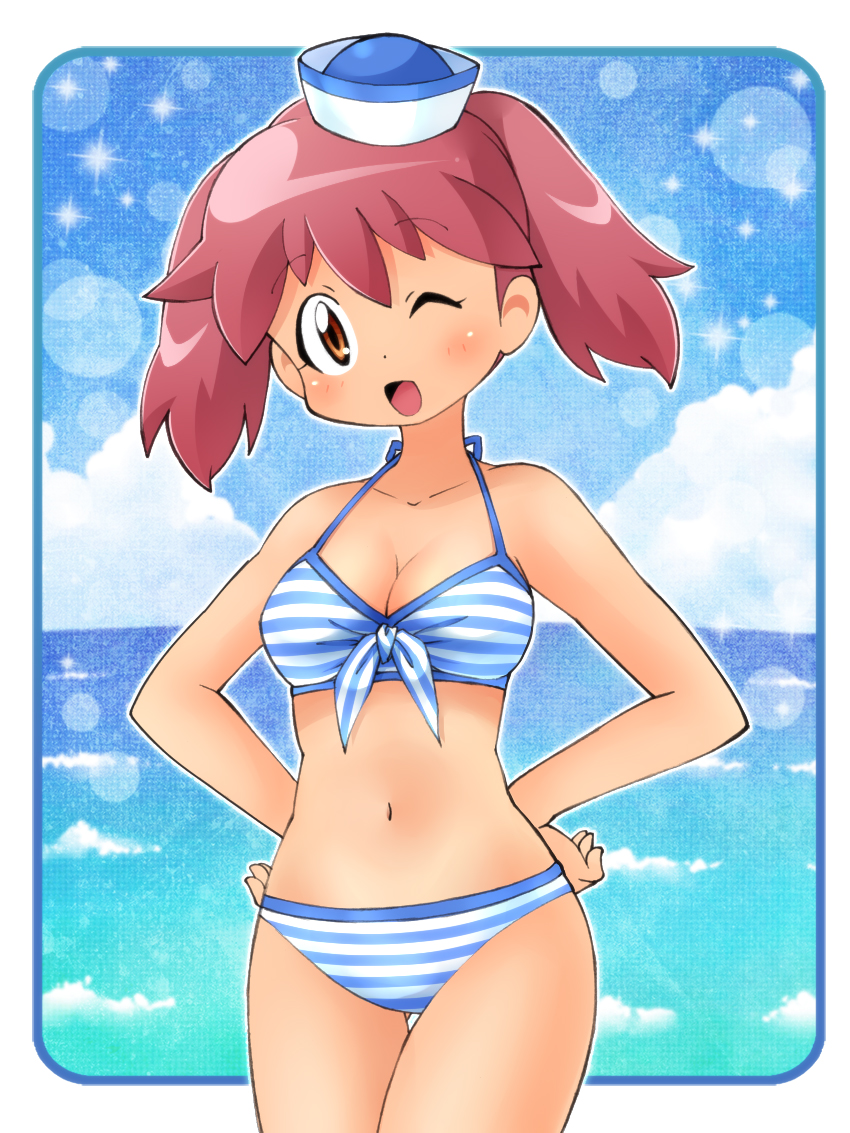 1girl, bikini, brown_eyes, day, dixie_cup_hat, hakkatou, hat, hinata_natsumi