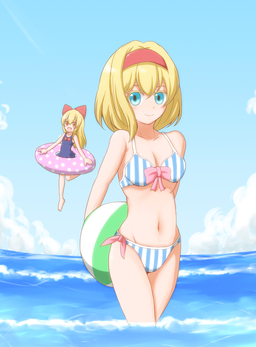 1girl, alice_margatroid, bikini, blonde_hair, blue_eyes, hairband, highres, innertube
