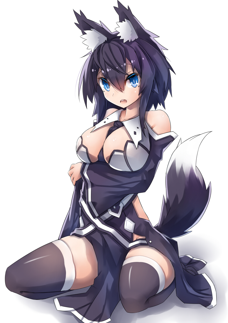 1girl, 307, animal_ears, bare_shoulders, between_breasts, black_hair, black_thighhighs, blue_eyes, breast_hold, breasts, cleavage, female_focus, large_breasts, looking_at_viewer, necktie, open_mouth, original, simple_background, solo, symbol-shaped_pupils, tail, thighhighs, totoya_z, white_background