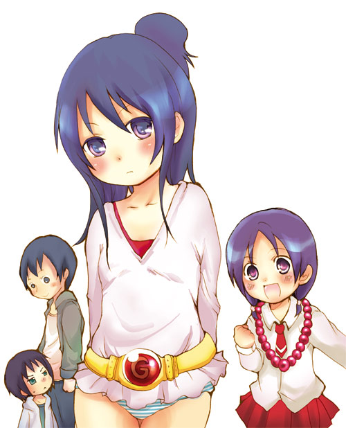 2boys, 2girls, beads, blue_hair, blush, child, hair_bun, jewelry