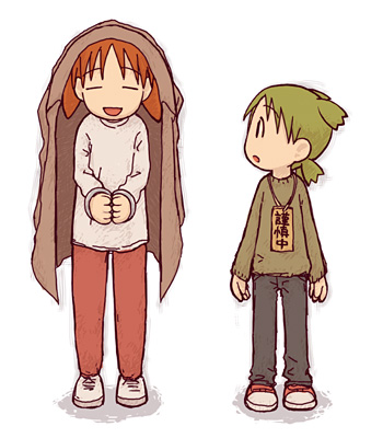 2girls, azumanga_daiou, child, coat, coat_on_head, coat_over_head, creator_connection, crossover, cuffs, emoncake., full_body, green_hair, handcuffs, koiwai_yotsuba, looking_at_another, lowres, mihama_chiyo, multiple_girls, orange_hair, pants, quad_tails, shoes, short_twintails, sneakers, standing, sweater, twintails, yotsubato!