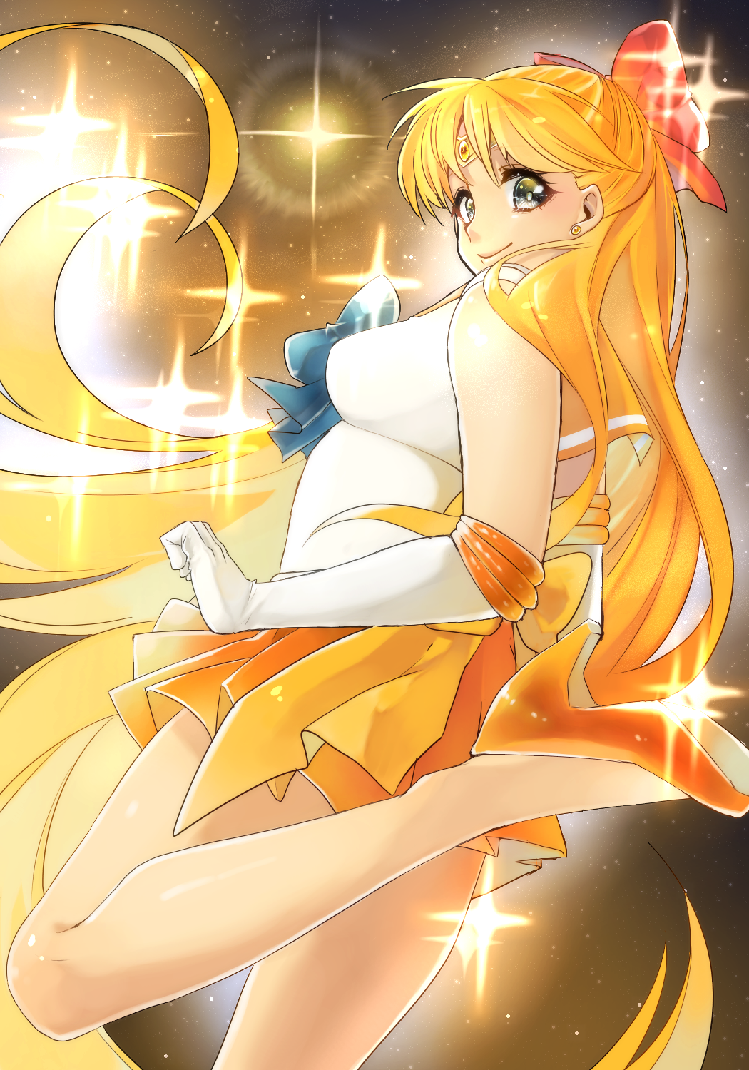 1girl, aino_minako, bad_id, bad_pixiv_id, bishoujo_senshi_sailor_moon, blonde_hair, blue_eyes, bow, choker, elbow_gloves, female_focus, gloves, hair_bow, half_updo, highres, jewelry, leg_up, long_hair, looking_at_viewer, looking_back, magical_girl, night, orange_skirt, red_bow, sailor_venus, skirt, sky, smile, solo, star_(sky), star_(symbol), starry_sky, tiara, very_long_hair, vivi-t_(akagami), vivi_(akagami), white_gloves