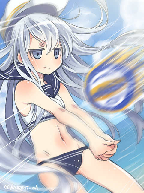 10s, 1girl, adapted_costume, ball, bare_shoulders, beach, beach_volleyball, blue_eyes, female_focus, hat, hibiki_(kancolle), kantai_collection, kazami_miki, long_hair, morino_(t_morino), motion_blur, own_hands_together, playing_sports, sleeveless, solo, swimsuit, twitter_username, verniy_(kancolle), volleyball, volleyball_(object), white_hair