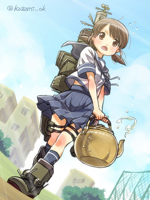 10s, 1girl, brown_eyes, brown_hair, female_focus, flying_sweatdrops, holding, kantai_collection