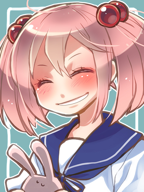 10s, 1girl, blush, female_focus, hair_bobbles, hair_ornament, holding, kantai_collection