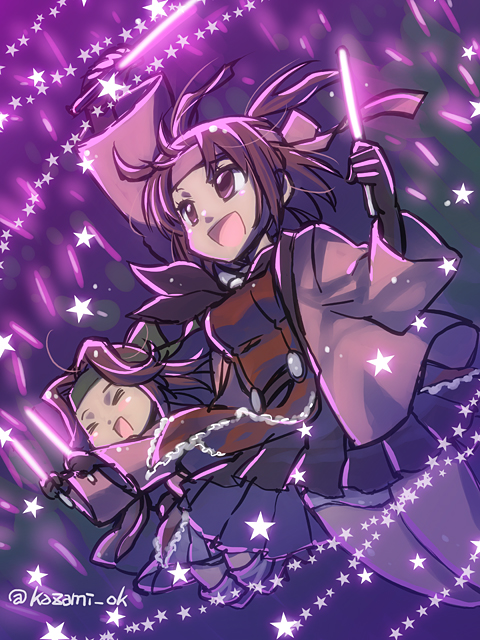 >_<, 10s, 2girls, :d, brown_eyes, brown_hair, elbow_gloves, closed_eyes