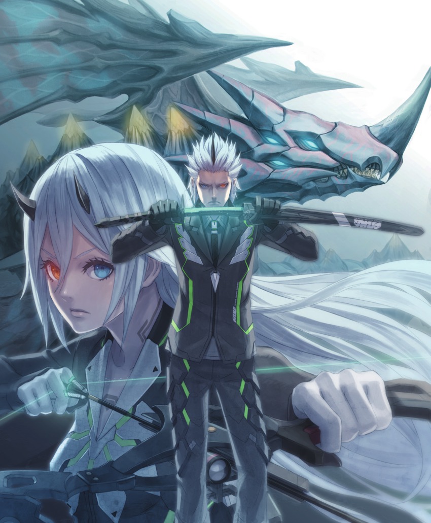 1boy, 1girl, akikazu_mizuno, arrow_(projectile), bal_rodos, bow, bow_(weapon), deuman, dragon, drawing_bow, edel_serin, glowing, glowing_eyes, heterochromia, highres, holding, holding_bow_(weapon), holding_weapon, horns, kaiser_haut, katana, looking_at_viewer, pale_skin, phantasy_star, phantasy_star_online_2, scabbard, sega, sheath, short_hair, sword, unsheathing, weapon, white_hair