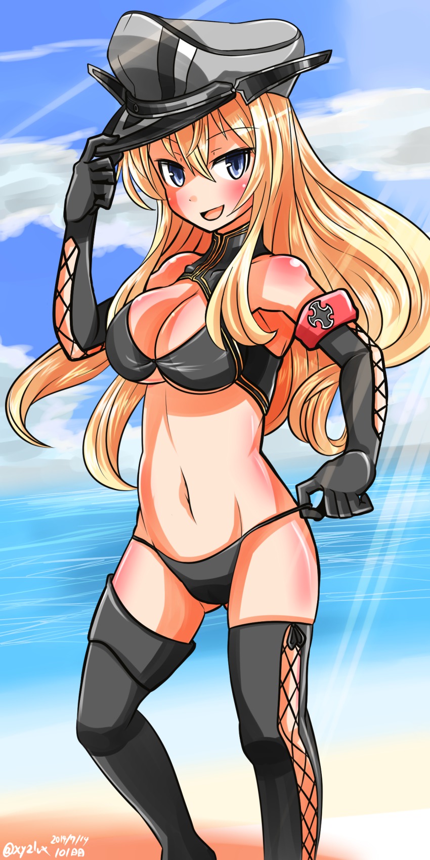 10s, 1girl, absurdres, bismarck_(kancolle), black_bra, black_panties, blonde_hair, blue_eyes