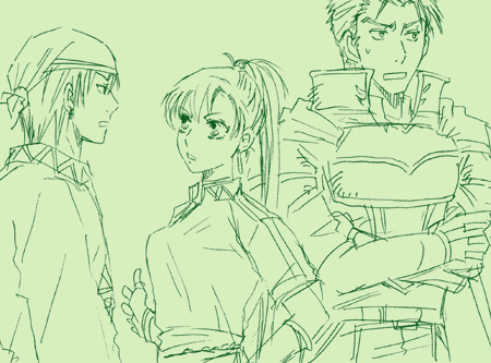 1girl, 2boys, angry, armor, bandana, breastplate, eye_contact, fire_emblem