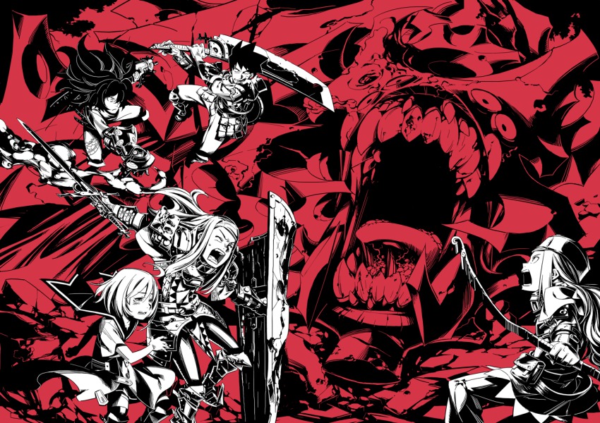 2boys, 3girls, age_difference, alchemist_(sekaiju), alchemist_1_(sekaiju), angry, armor, atlus, battle, belt, belt_pouch, bow_(weapon), child, clenched_teeth, closed_eyes, etrian_odyssey, everyone, extra_eyes, fangs, fantasy, fighting_stance, flat_chest, frown, gauntlets, greaves, hair_over_one_eye, hat, himukai_yuuji, long_hair, medic_(sekaiju), medic_2_(sekaiju), monochrome, monster, multiple_boys, multiple_girls, open_mouth, paladin_(sekaiju), paladin_2_(sekaiju), pouch, profile, ranger_(sekaiju), ranger_1_(sekaiju), sailor_collar, scared, shield, short_hair, sidelocks, spiked_hair, spot_color, spread_legs, standing, sweatdrop, sword, swordsman_(sekaiju), swordsman_1_(sekaiju), tears, teeth, weapon