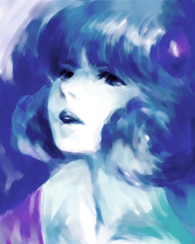 1girl, blue_hair, densetsu_kyojin_ideon, female_focus, gradient_background, kitty_kitten, kwht, lowres