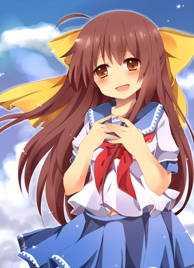 1girl, :d, ahoge, bad_id, bad_pixiv_id, bow, brown_eyes, brown_hair