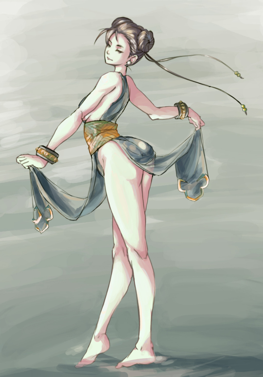 1girl, alternate_costume, ass, bad_id, bad_pixiv_id, bare_legs, barefoot, black_hair, bracelet, breasts, capcom, chun-li, clothes_lift, double_bun, dress, dress_lift, earrings, feet, female_focus, full_body, hair_bun, highres, jewelry, kneepits, legs, long_legs, looking_at_viewer, looking_back, myk_(cccmccc), no_panties, pelvic_curtain, sash, sideboob, smile, solo, standing, street_fighter, street_fighter_iv_(series), studded_bracelet, wading