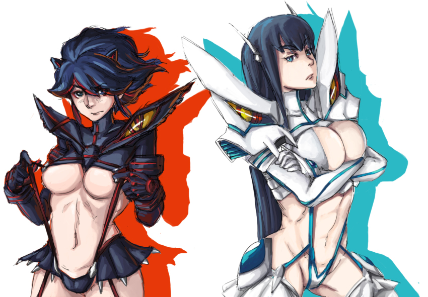 10s, 2girls, bad_id, bad_pixiv_id, black_hair, blue_eyes, breasts, cleavage, cleavage_cutout, clothing_cutout, crossed_arms, eyebrows, hair_ornament, hairclip, hairpods, junketsu, kill_la_kill, kiryuuin_satsuki, large_breasts, long_hair, matoi_ryuuko, microskirt, midriff, multicolored_hair, multiple_girls, myk_(cccmccc), navel, red_hair, revealing_clothes, senketsu, short_hair, siblings, sisters, skirt, suspenders, suspenders_pull, two-tone_hair, underboob
