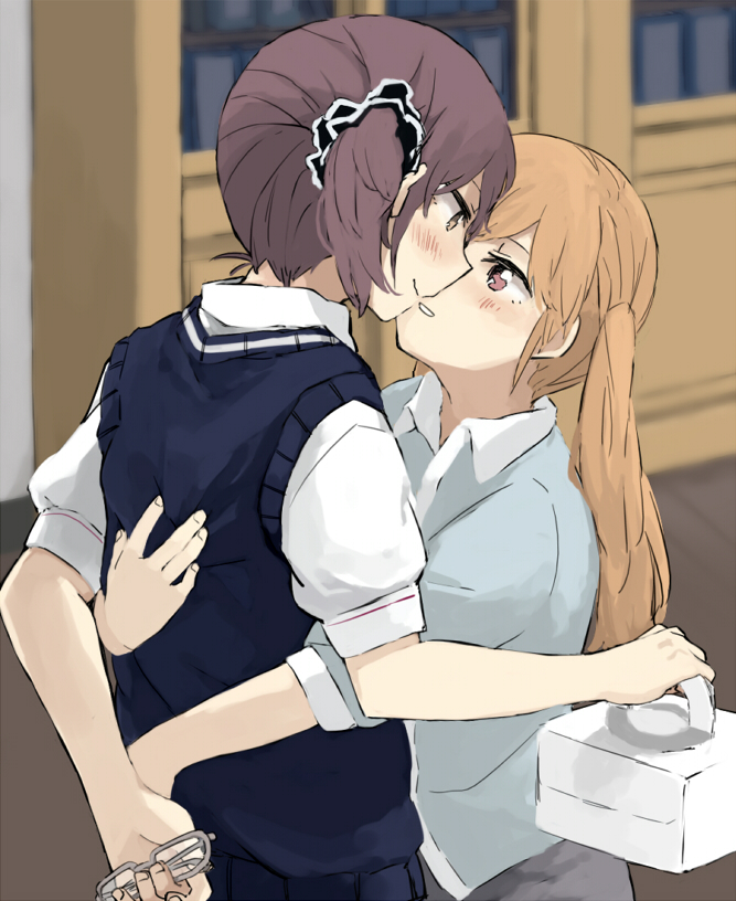 2girls, arm_behind_back, blonde_hair, blush, box, brown_eyes, brown_hair, chikiso, eye_contact, unworn_eyewear, glasses, holding, holding_removed_eyewear, hug, imminent_kiss, long_hair, looking_at_another, multiple_girls, okujou_no_yurirei-san, scrunchie, short_hair, skirt, smile, sonou_tsukuyo, sweater_vest, tsurugimine_kiri, yuri