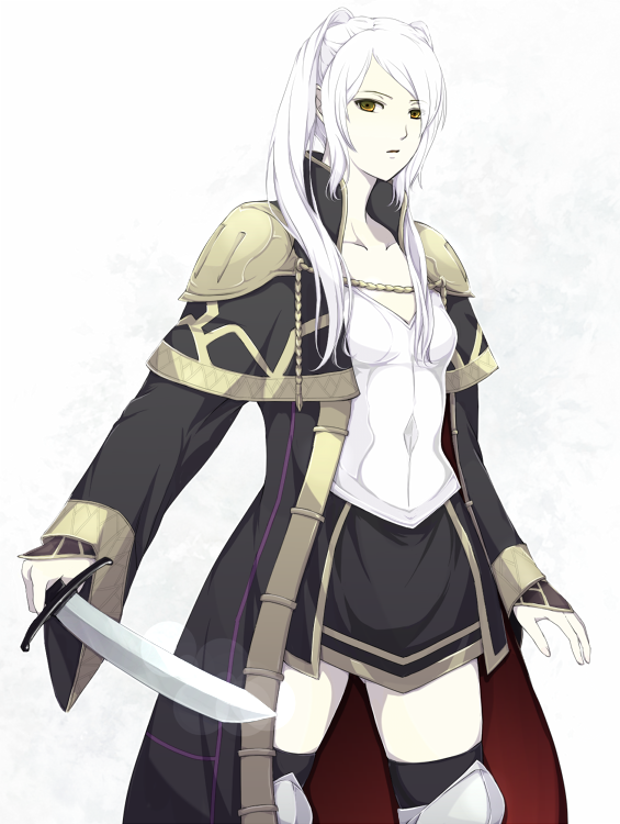 1girl, armor, breastplate, female_focus, female_robin_(fire_emblem), fire_emblem, fire_emblem_awakening, fukune, high_collar, nintendo, skirt, solo, sword, thighhighs, twintails, weapon, white_hair