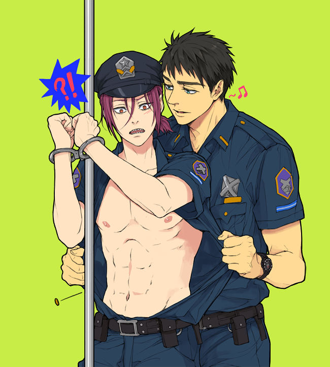 10s, 2boys, abs, assisted_exposure, bad_id, bad_pixiv_id, black_hair, cuffs, free!, future_fish, green_background, green_eyes, handcuffs, hat, male_focus, matsuoka_rin, multiple_boys, musical_note, open_clothes, open_shirt, pole, police, police_hat, police_uniform, red_eyes, red_hair, sharp_teeth, shirt, spoken_musical_note, teeth, twoframe, watch, wristwatch, yamazaki_sousuke, yaoi