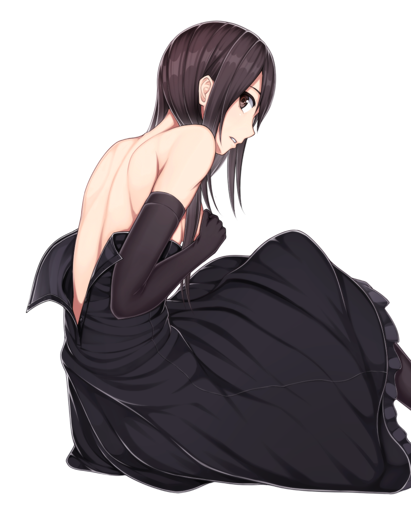 1girl, back, bad_id, bad_pixiv_id, bare_shoulders, black_dress, black_eyes, black_hair