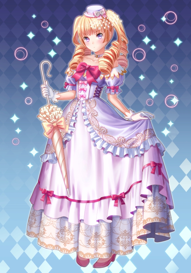 1girl, aikon_47_todoufuken_idol_collection, bad_id, bad_pixiv_id, bare_shoulders, blonde_hair, blue_background, blush, bow, breasts, checkered_background, choker, collarbone, cross-laced_clothes, dress, drill_hair, endorin, eyelashes, female_focus, flower, frilled_dress, frills, full_body, gloves, gradient_background, hat, hat_bow, hat_flower, high_heels, holding, holding_own_dress, idididdesuy0, lolita_fashion, long_dress, long_hair, looking_at_viewer, mini_hat, off_shoulder, original, outline, puffy_short_sleeves, puffy_sleeves, purple_eyes, quad_tails, rose, shirogane_karen, shoes, short_sleeves, small_breasts, solo, sparkle, standing, umbrella, veil, white_flower, white_gloves, white_rose