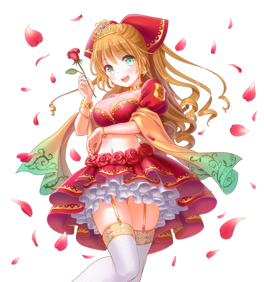 1girl, bad_id, bad_pixiv_id, blush, bracelet, breasts, brown_hair, choker, cleavage, crop_top, crown, earrings, endorin, eyelashes, female_focus, flower, frilled_skirt, frills, green_eyes, hair_ornament, hair_ribbon, happy, idididdesuy0, jewelry, large_breasts, long_hair, looking_at_viewer, lots_of_jewelry, midriff, navel, open_mouth, original, puffy_sleeves, red_skirt, ribbon, rose, simple_background, skindentation, skirt, smile, solo, standing, thighhighs, thighs, white_background, white_thighhighs, zettai_ryouiki