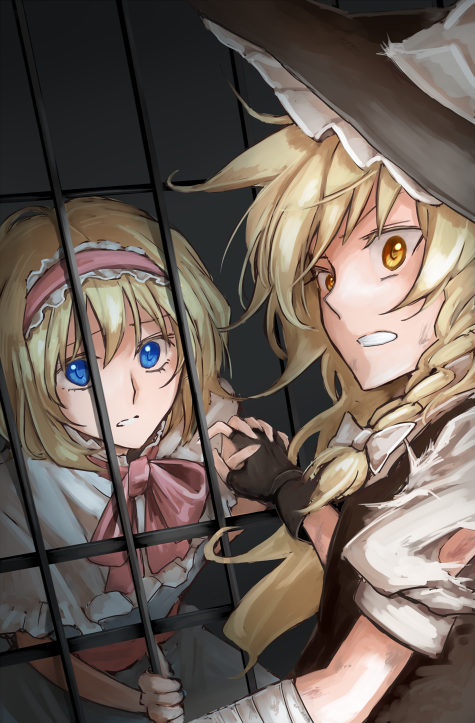 2girls, alice_margatroid, bandages, bars, blonde_hair, blue_eyes, bow, braid